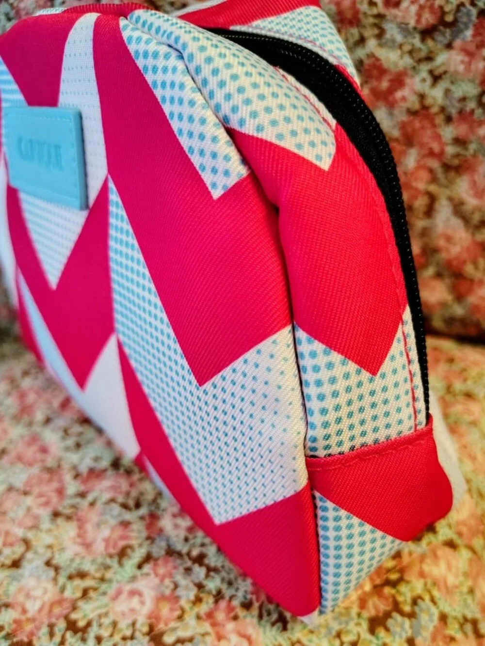 NWT Clinique Make Up Bag Cosmetics Pink & Blue Chevron